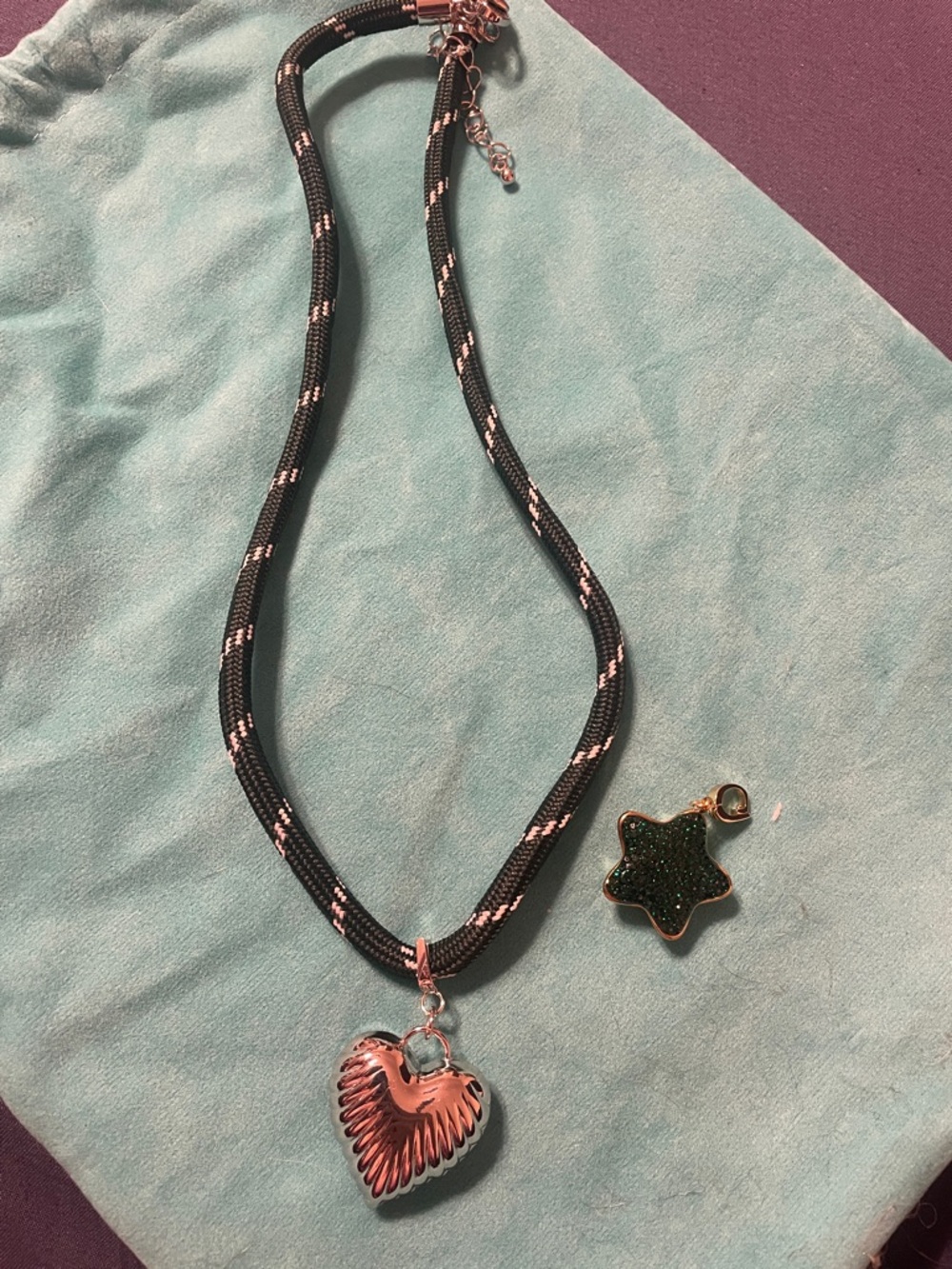 JBloom Black Rope Necklace with Silver Heart Pendant + Green Star Charm